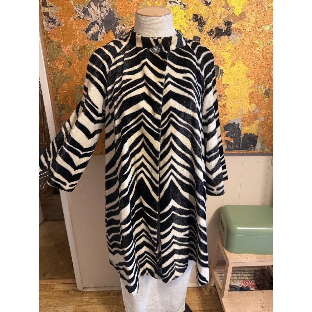 Zebra Print Faux Fur Coat Mock Neck Rhinestone Button Mid Length Black White L